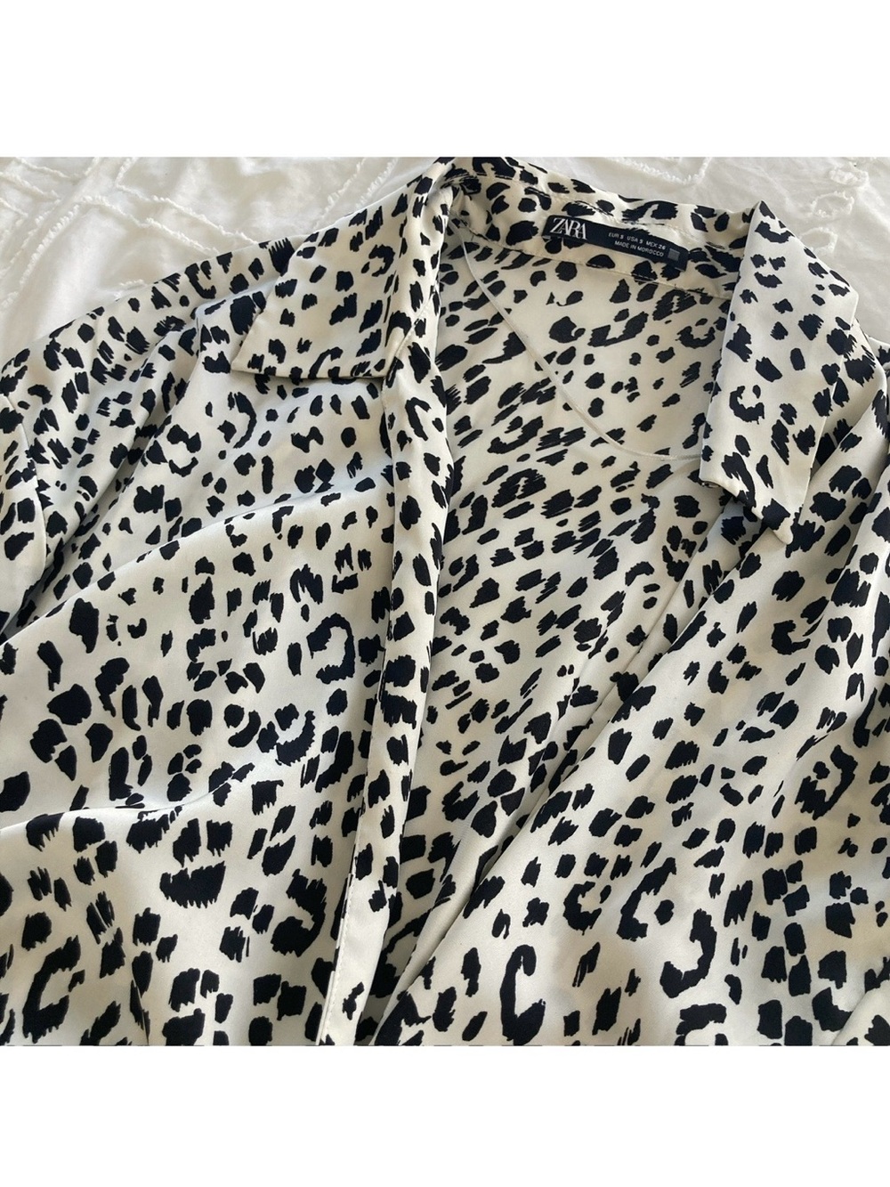 Zara Cream and Black Leopard Print Button-Up Blouse
